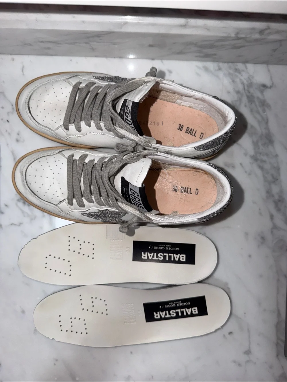 $600 Golden Goose White Leather Sneakers Silver Glitter Star Size 38 BALLSTAR